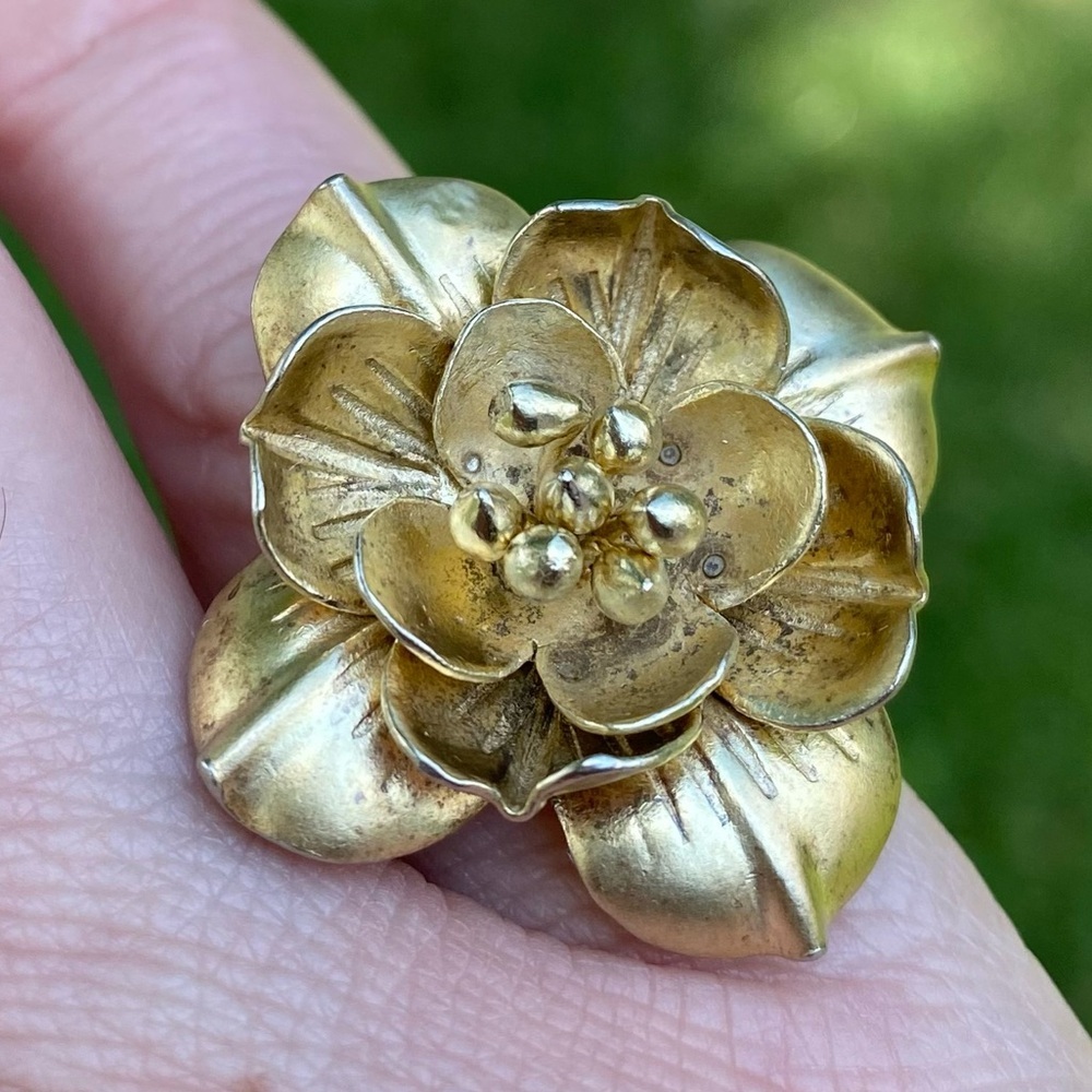 Lotus Flower Gold Tone Sterling Silver 925 Statement Ring Y2K Size 6
